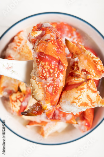 top view bowl of lobster porridge at vertical composition
