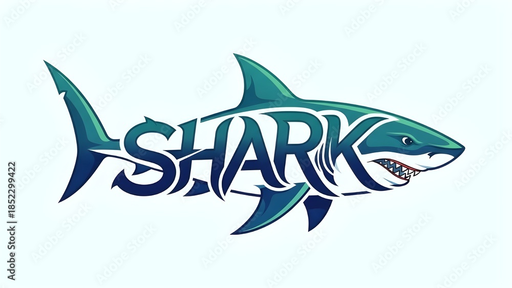Obraz premium Shark silhouette word art typography with dynamic contrast modern branding.