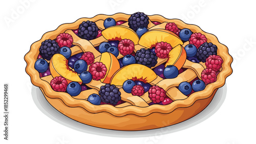 Illustration of a fruit tart with peaches, blueberries, and blackberries on a white background.
