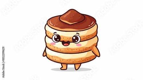 A cheerful cartoon stack of pancakes with chocolate syrup and a happy face on a plain white background.