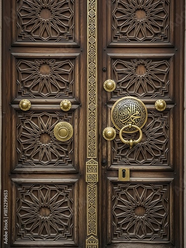 Close Up of Ornate Wooden Door with Geometric Islamic Pattern and Brass Fittings - Historical Architecture