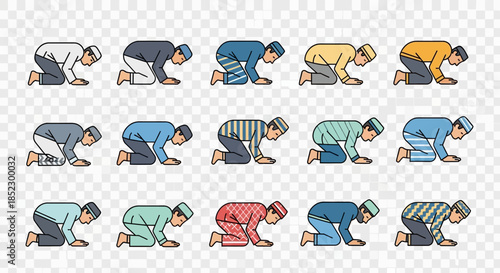 Muslim Men Performing Prayer in Various Outfits.