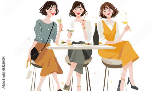 Ilustración de tres amigas celebrando con copas de vino blanco en una mesa.