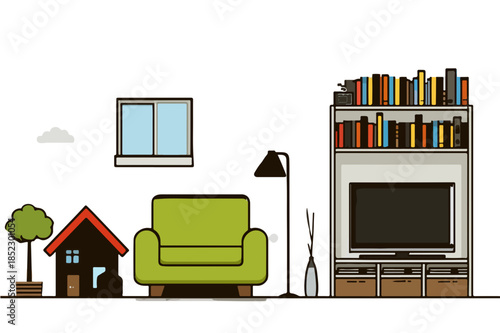 Ilustración minimalista de sala de estar con mueble verde, estantería y casa pequeña sobre fondo transparente.