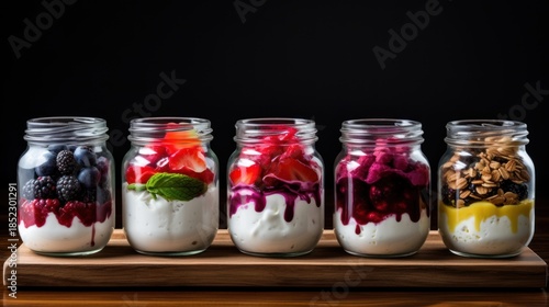 yogurt to various jars and dishes, try a variety of toppings and always include large container in shot, food, dessert, sweet, fresh, dairy, delicious, breakfast, fruit, organic