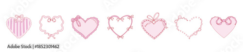 Set of romantic heart frames with bows and decorative lines in cute vintage style. Vector illustration isolated on white background.