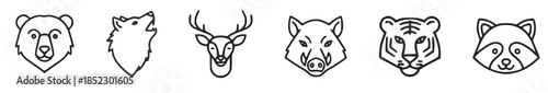 Minimal black outline animal head icons including bear wolf deer boar tiger, raccoon arranged , wildlife symbolism and branding design concept of nature  