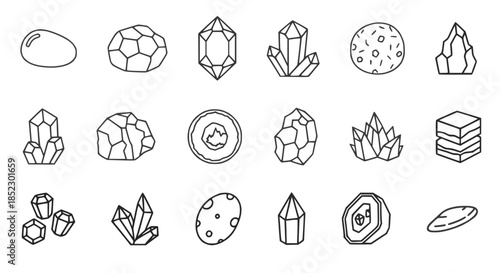 Hand drawn black outline crystal and gemstone icons showing various rock mineral shapes arranged as a collection , conveying geology illustration, mystical aesthetic concept of nature science energy  