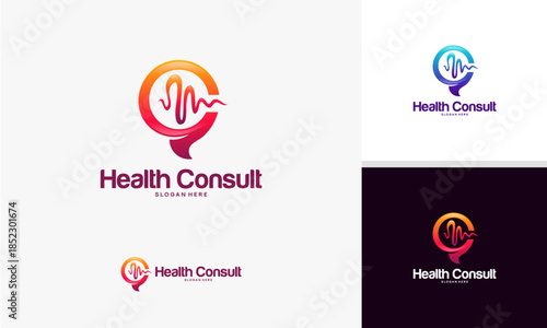Health Consult Logo Design with Heartbeat and Chat Bubble.