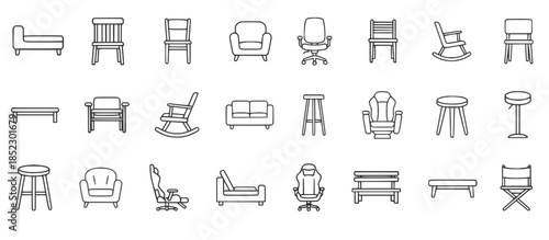 black outline line furniture icons depicting chairs stools sofas benches and armchairs ,interior objects concept of home living interior design minimal style and furniture catalog 