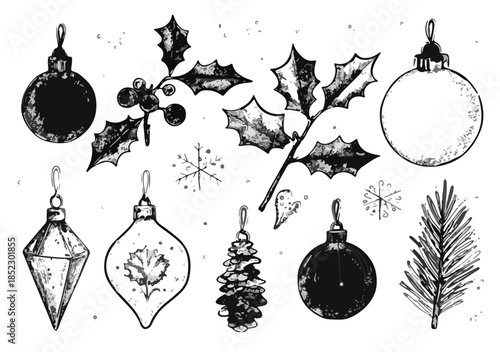 Conjunto de adornos navideños dibujados a mano, acebo y elementos festivos en blanco y negro con fondo transparente.
