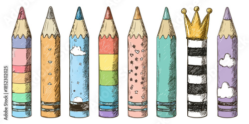 Conjunto de lápices de colores dibujados a mano con patrones variados y una corona dorada, aislados.
