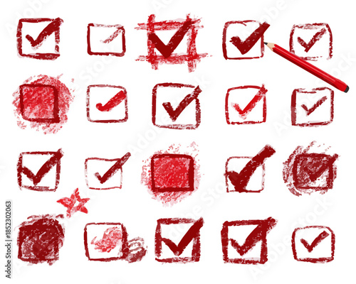 Conjunto de marcas de verificación dibujadas a mano en rojo sobre fondo blanco, concepto de lista de tareas y confirmación.
