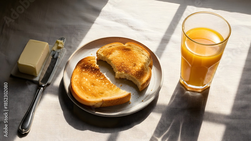 Simple breakfast with toasted bread and orange juice in natural light