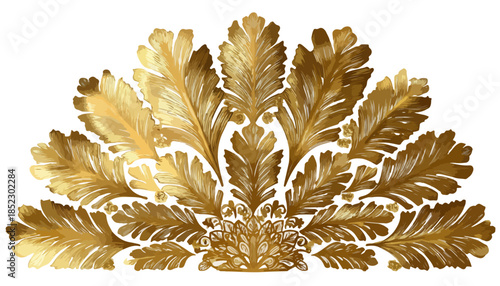Elegante adorno floral dorado estilo acanto, elemento decorativo clásico con fondo transparente.