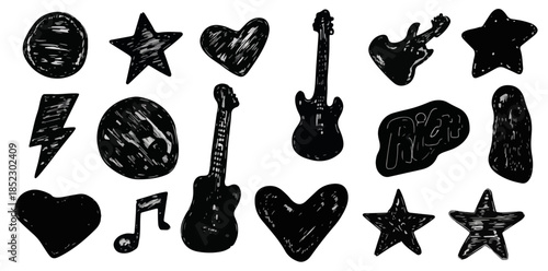 Conjunto de iconos dibujados a mano en negro: guitarras, estrellas, corazones y notas musicales sobre fondo blanco.