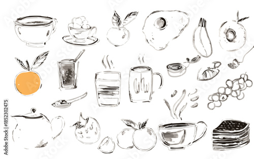 Conjunto de ilustraciones dibujadas a mano de alimentos, frutas, tazas de bebida caliente y tetera con fondo transparente.