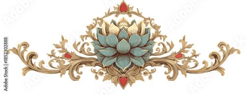 Adorno floral barroco dorado con flor de loto turquesa y detalles rojos, aislado sobre fondo blanco.