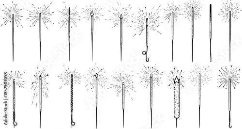 Black and white line art vector illustration collection of various sparkling celebration party sparklers for festive occasions and holidays.