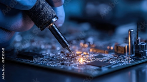 Close-up of a technician soldering a complex circuit board with a fine-tipped soldering iron