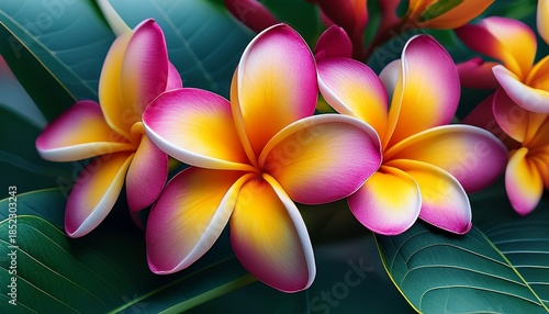 Vibrant Pink And Yellow Tropical Plumeria Flowers In Full Bloom With Green Leaves Perfect For Backgrounds And Nature Themes