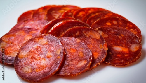 Close Up Of Sliced Iberian Chorizo Is A Sausage Made With Iberian Pork Seasoned With Salt Garlic And Paprika Which Is What Gives It Its Characteristic Reddish Color