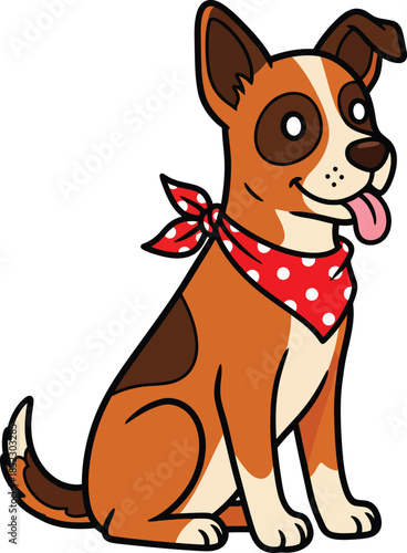 A cheerful brown and white cartoon dog sitting happily while wearing a red polkadot bandana.