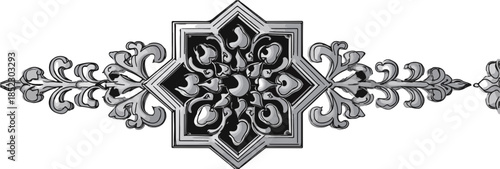 Adorno ornamental islámico en plata con diseño floral simétrico y fondo transparente.