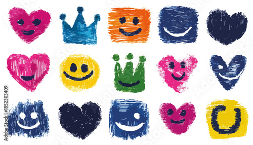 Colección de iconos dibujados a mano con ceras, incluyendo corazones sonrientes, coronas y emoticonos sobre fondo blanco.