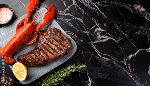 Surf And Turf Ribeye Steak And Lobster Tail On Black Marble Background