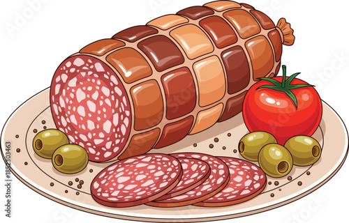 A large partially sliced salami sausage with a tied checkered brown casing presented as a detailed illustration.