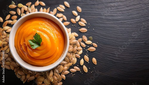 A Vibrant Swirl Of Orange Pumpkin Puree And Scattered Seeds Rests On A Dark Textured Slate Board Captured From An Overhead Perspective With Ample Copy Space