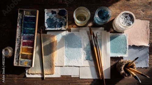 Artistic watercolor supplies laid out on a rustic wooden table with natural light