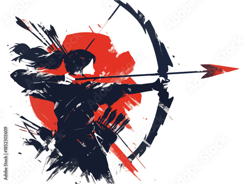 Silueta guerrera japonesa con arco y flecha, estilo tinta y pincelada roja sobre fondo transparente.