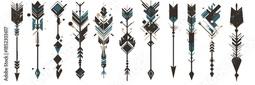 Colección de flechas tribales estilizadas con diseños geométricos en tonos oscuros y azul verdoso.