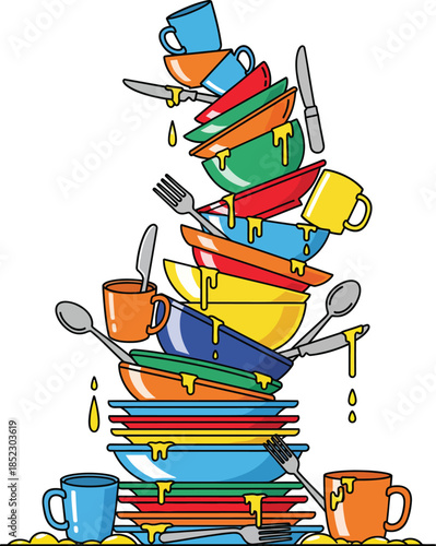 A tall precarious cartoon stack of colorful dirty dishes bowls and cutlery.