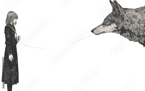 Ilustración en blanco y negro de una chica con uniforme escolar y un lobo conectados por un hilo fino