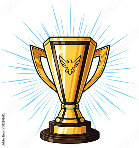 A shining golden champion trophy cup with an eagle emblem illustrated in a bold comic book art style.