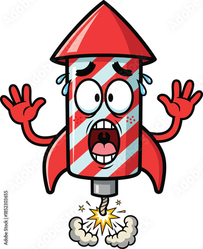 A terrified cartoon firework rocket with a lit fuse screaming in panic and sweating.
