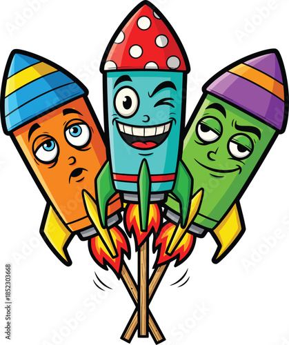 A trio of anthropomorphic firework rockets with winking surprised and smug expressions.