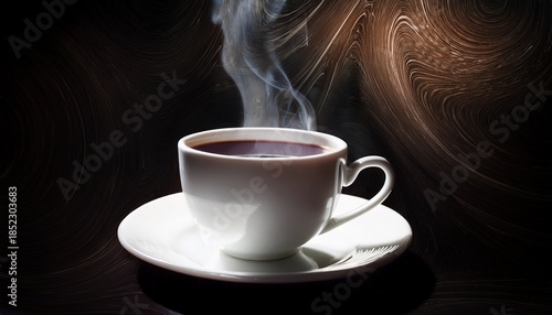 Steaming Cup Of Dark Liquid On A White Saucer Against A Dark Background With Swirl Design