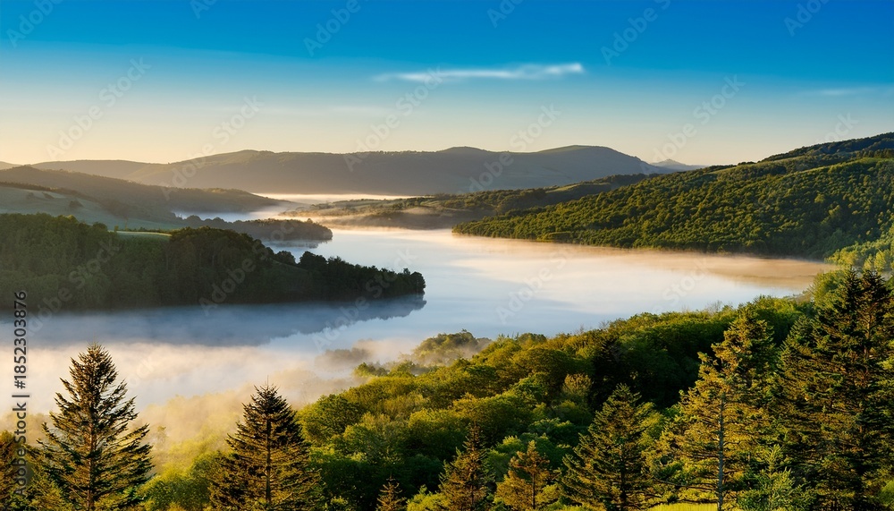 Obraz premium Overlooking A Misty Lake And Forested Hills