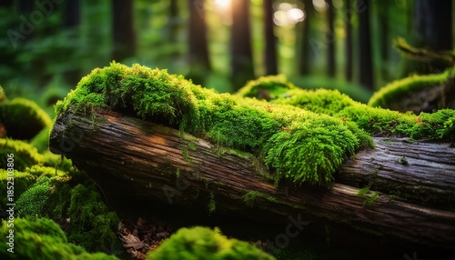 Vibrant Green Moss Thrives On A Decaying Log Creating A Captivating Scene Of Natural Renewal And The Delicate Balance Of Forest Ecosystems