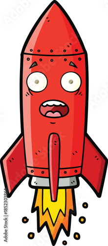 Cartoon Red Rocket Ship Launching with a Shocked Facial Expression.