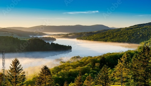 Overlooking A Misty Lake And Forested Hills