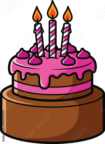 Cartoon twotier birthday cake with dripping pink frosting and three lit striped candles.