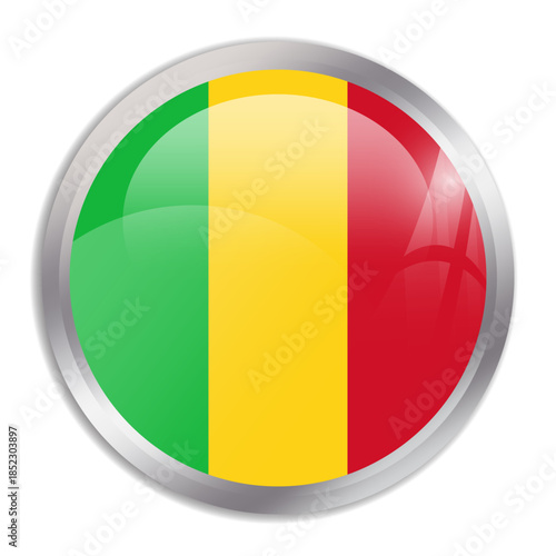 Mali flag - glossy circle button in metal frame displays a colorful flag of a country cultural identity and heritage. The essence of national pride and unity.