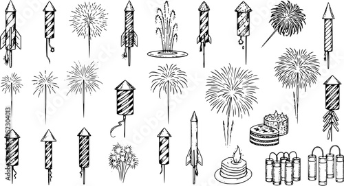 Black and White Hand-Drawn Line Art Vector Collection of Festive Fireworks and Celebration Elements. Assorted Pyrotechnic Rockets, Firecrackers, Sparkling Explosions, and Party Cakes for Holiday 