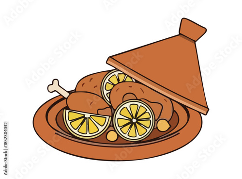 illustration of a tajine with chicken and lemon cartoon design