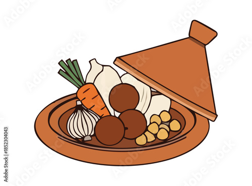 illustration of a tajine with vegetables, cartoon design